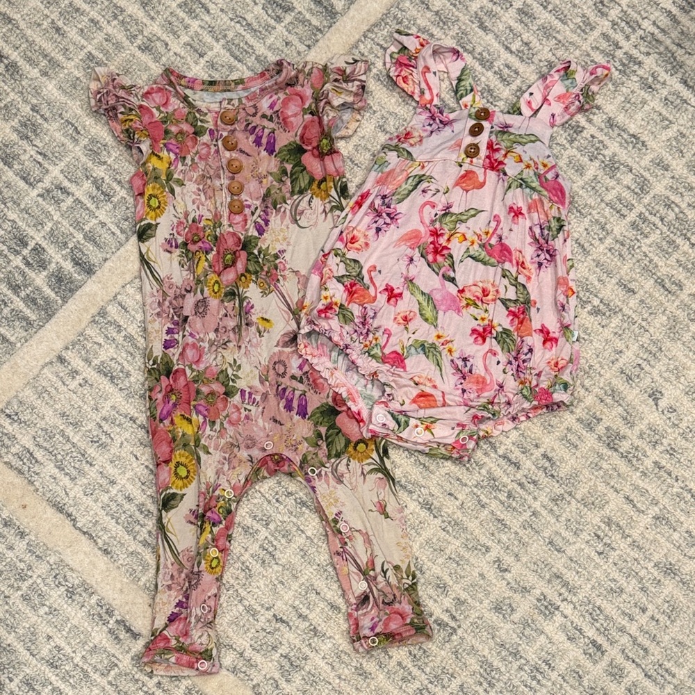 Posh Peanut Floral Short Sleeve Romper and Bubble - Bamboo